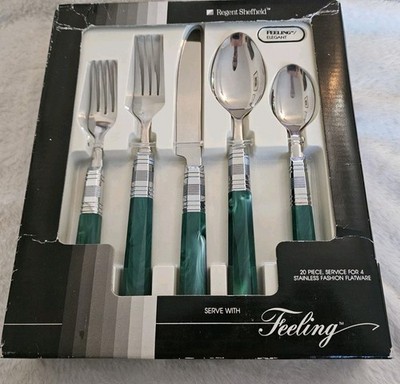 NEW NOS Regent Sheffield Feeling Elegant Green 20pc Flatware Set Service for 4 