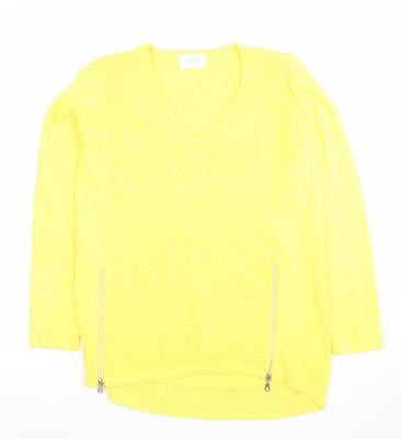 Savida Damen Gelb V-Ausschnitt Strick Reißverschluss Detail Langarm Top Gr. S