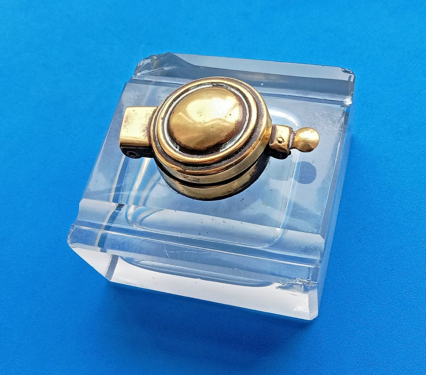 Antique 1920s Art Nouveau Glass Ink Well with Brass Lid