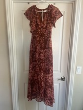 ASTR The Label Hi-Lo Maxi Dress Brown Pink Floral Ruffle V-Neck XS Short Sleeve