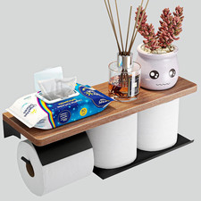 Double Toilet Paper Holder with Wide Solid Wood Shelf