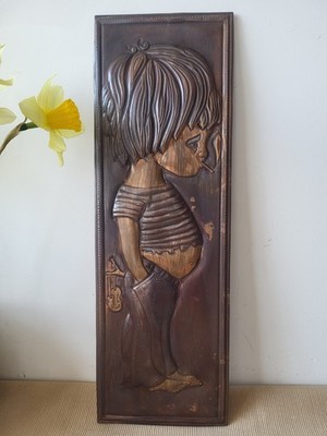Vintage Copper Wall Plaque Naughty Boy w Slingshot Smoking Relief Man Cave