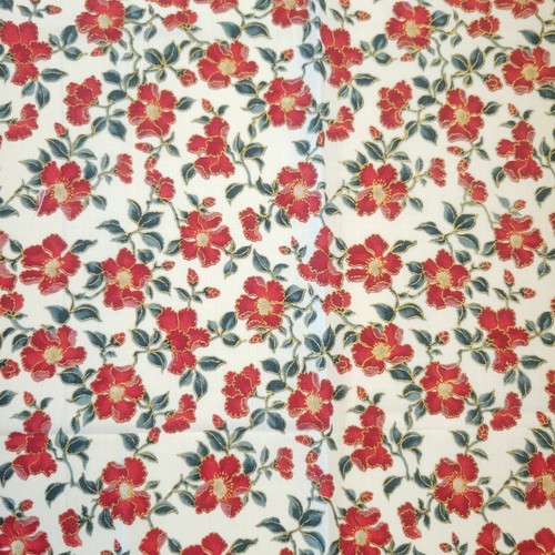 Cotton Fabric Red Flowers Green Leaves Gold Glitter Accents 18x42" Hoffman - Picture 12 of 13