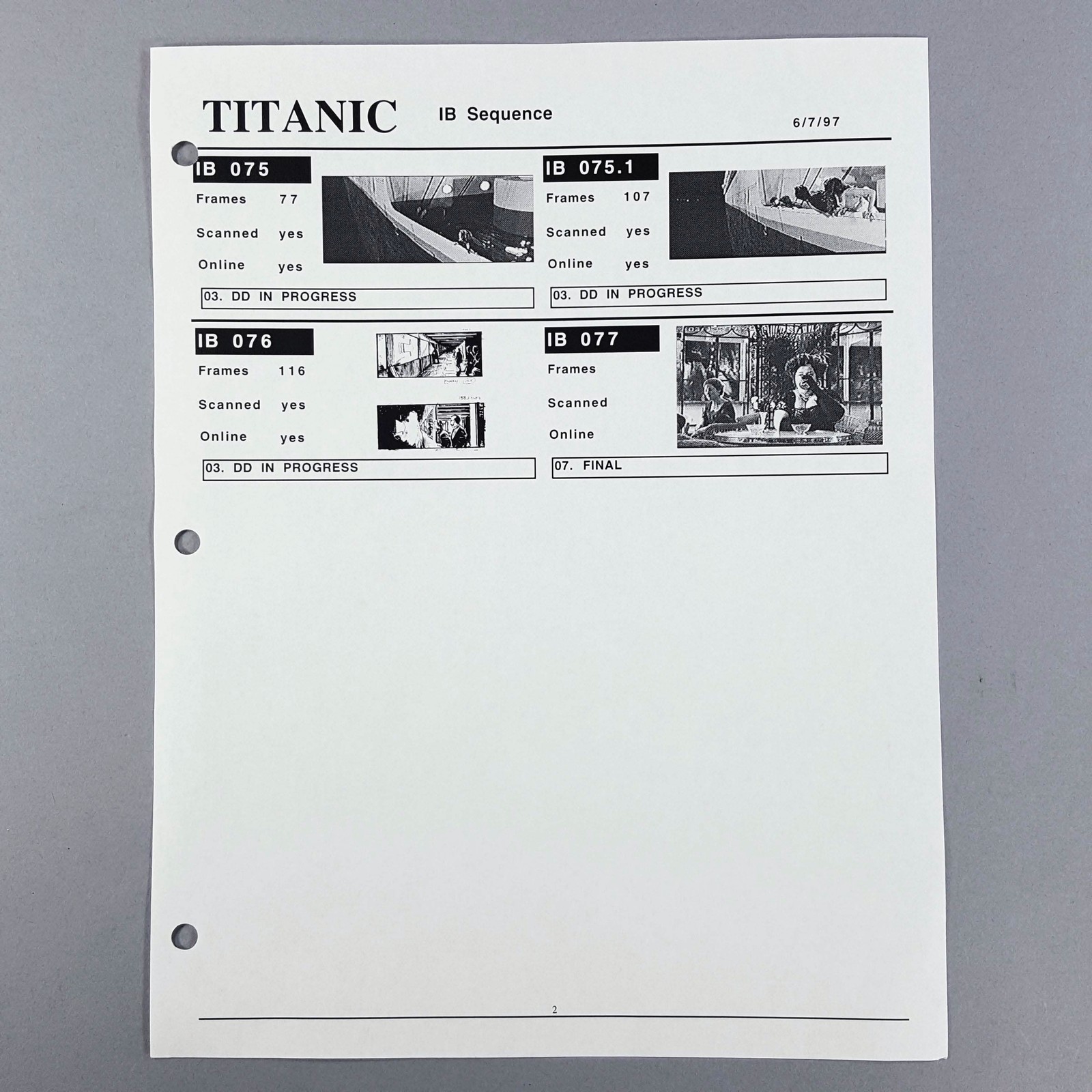 Titanic 1997 IB Sequence VFX Report Shots 075-077 Palm Court Rose Original
