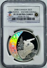 Olympics Snowboarding 2008 Canada $25 Hologram Silver Coin NGC PF70UCAM Proof
