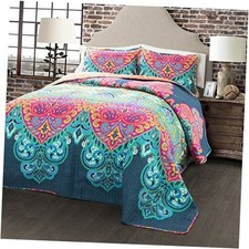Boho Chic Reversible 3 Piece Quilt Bedding Set Full/Queen Turquoise/Navy
