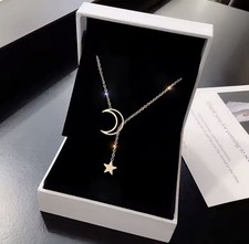 Moon & Star Pendant Choker Necklace Gold Colour Charm Chain Fashion Jewellery