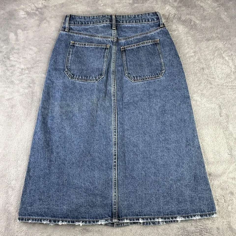 Antigua Falda Azul Marino Para Mujer 0 Azul Denim Botón Frontal Bolsillos Midi Dobladillo Crudo 100% Algodón Foto 2 de 4