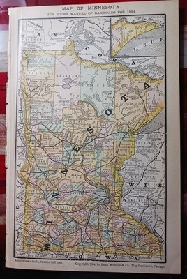1884 vintage Railroad Map MINNESOTA all Train Lines Routes Stations Multi Color 