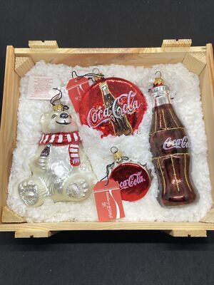 COCA-COLA Polonaise Glass Ornaments - Set of 4 in Wood Crate- Kurt Adler 1996