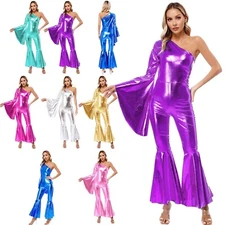 Women's Disco Flared Jumpsuit Costume Retro Hippie Dance Bodysuit Bodycon Romper