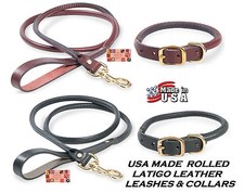 PREMIUM US MADE LATIGO Heavy Duty ROLLED ROUND LEATHER DOG COLLAR or LEASH Lead
