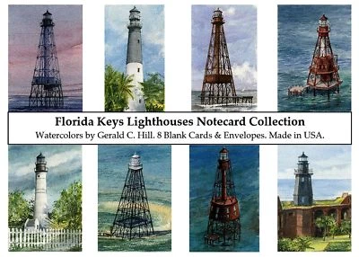 BELLA TERRA PUBLISHING Florida Keys Lighthouses Notecard Set. Gerald Hill watercolors of 8 So FL lights