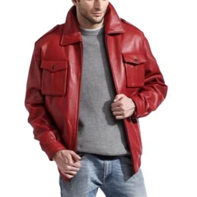 Blouson bombardier en cuir rouge pour hommes style aviateur de vol manteau en... - Photo 1/4