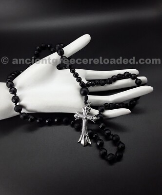 The Black Polygon 5 decade Catholic Rosary, Black Onyx, a pure 925 Silver Cross