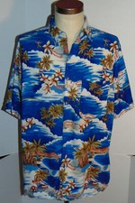 MEN'S VINTAGE RAYON HAWAIIAN SHIRT TROPICAL ISLAND PATTERN/PALM TREES POCKET L