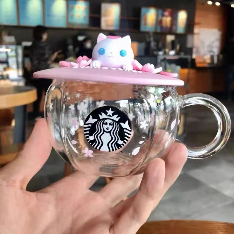 Starbucks Mugs Pink Cherry Blossom Small Glass Cups Coffee Mug W/ Sakura  Cat Lid