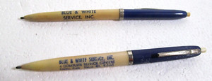 2 Vintage Ball point pens Blue & White stations Indianapolis Indiana Gas & Oil