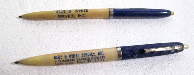 2 Vintage Ball point pens Blue & White stations Indianapolis Indiana Gas & Oil