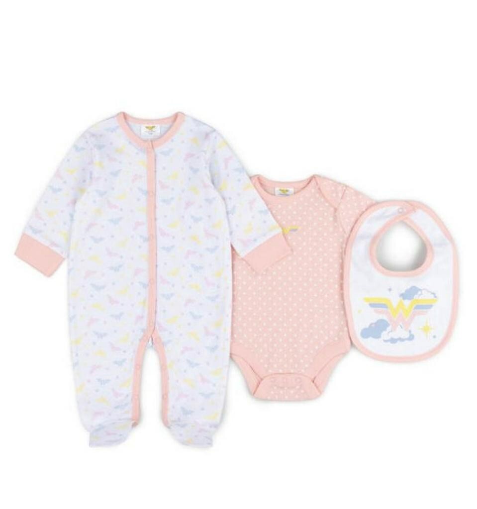 Baby Girl Clothes Gift Set 0-3 Months Wonder Woman Layette Sleepsuit Bib & Vest