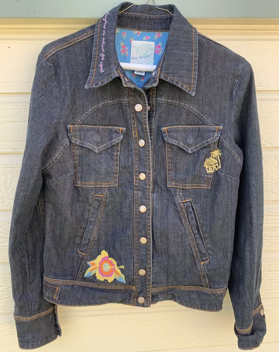 Born Barefoot Denim Jacket Hawaiian Patches Women s Size Large eBay