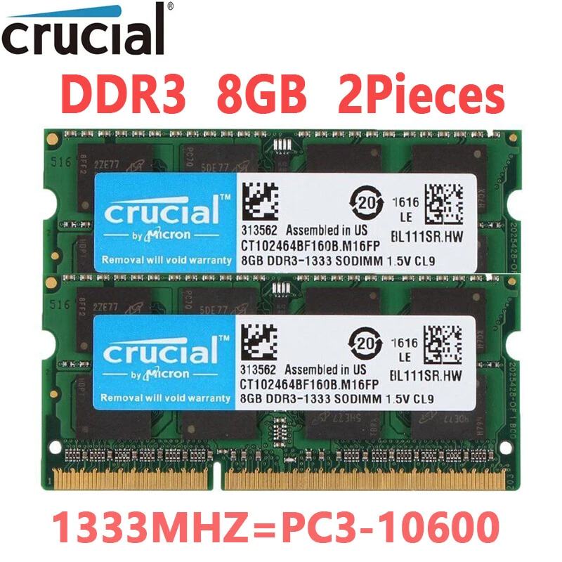 Crucial 16GB Kit 2 x 8GB DDR3 1333 MHz PC3-10600 Laptop RAM Sodimm Memory 1.5V