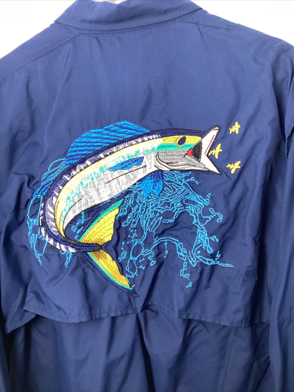 HomeRun Mens Button Up LS X-Large Embroidered Fish On Back, Navy Blue, Pockets