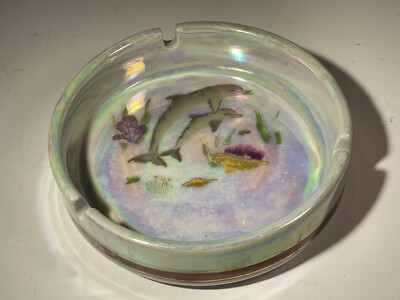 5'' Round Ceramic Ashtray Iridescent Glaze with Painted Dolphins Undersea Scene