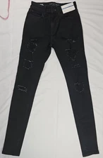 Womens Black Shredded Hi-Rise Stretchy Jeggings Size 1Long Distressed Grunge NWT