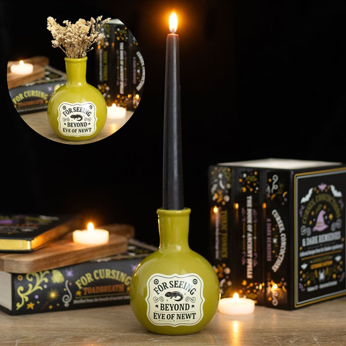 Green Eye of Newt Potion Bottle Stem Vase / Dinner Candle Holder Ceramic 13x9cm - Image 3