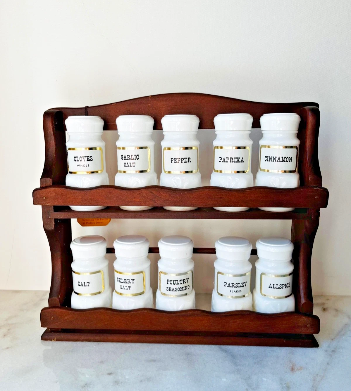 Vintage Wooden Spice Rack with 12 Milk Glass Spice Jars ..