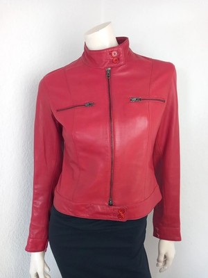 LORIBLU Jacke Leder Rot Biker Used Style Stehkragen Langarm Reißverschluss 36 38