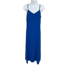 Aerie Slip Dress Womens XS Blue Minimalist Boho Raw Fringe Hem Midi V-Neck
