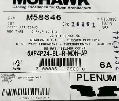 Belden Mohawk M58646 23/4P GigaLAN 10 UTP CAT6A Cable Plenum 10G Blue /100ft