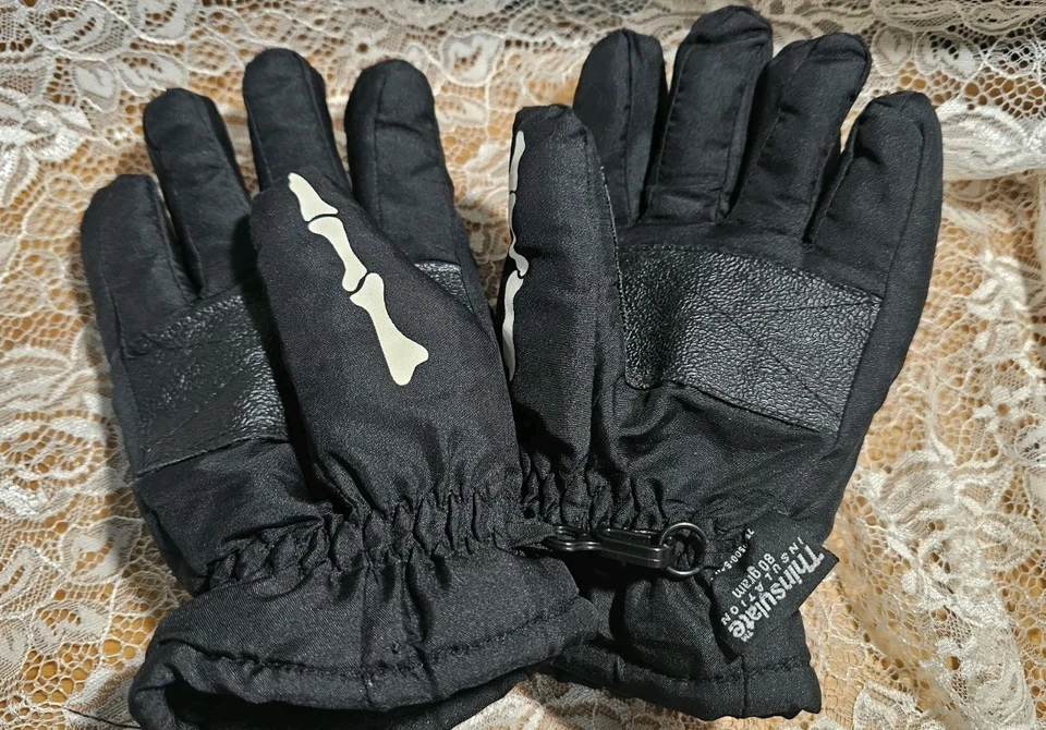 Thinsulate 手套 S/M 黑色白色骨架印花冬季手套保暖 — 第 2/4 张图片