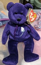 1997 TY BEANIE BABY PRINCESS DIANA PURPLE TEDDY BEAR W/ WHITE ROSE CLEAN