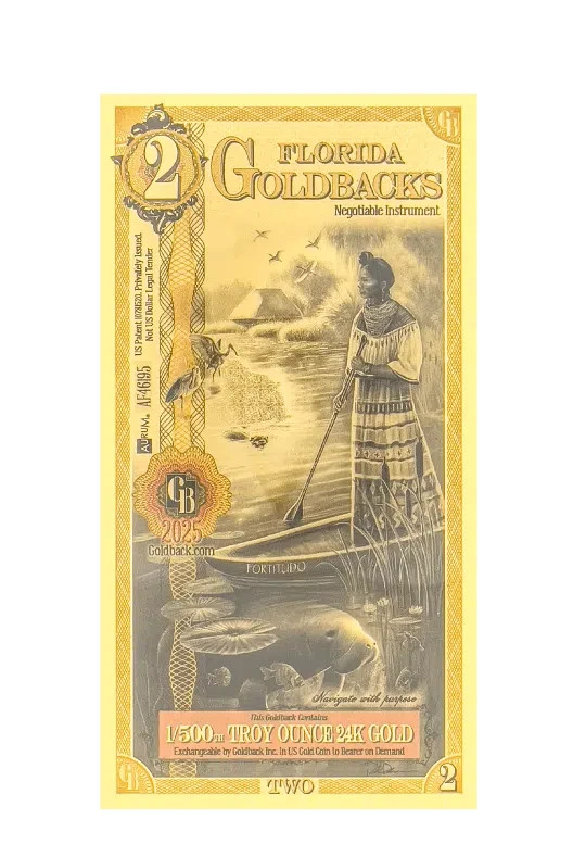 Florida 2 Goldbacks 2025 Gold Polymer Note 1/500th Troy Oz 24KT