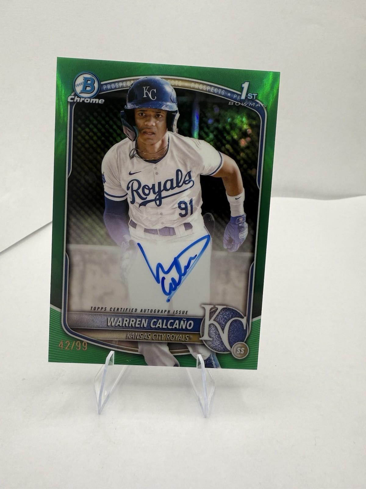 2025 Bowman Chrome Warren Calcano True Green Refractor 42/99 Auto #CPA-WC Royals