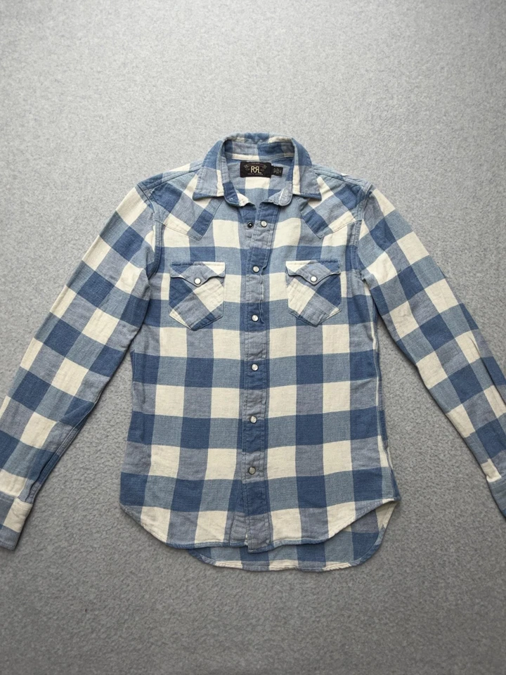 Camisa RRL Ralph Lauren Para Mujer XS Azul Cuadros Búfalo Perla Occidental Cuadros a Presión Foto 4 de 4