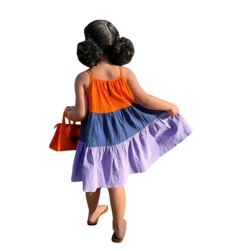 Vestido de verano para niñas con bloques de colores en capas, algodón, correa de espagueti estilo línea A Foto 4 de 4