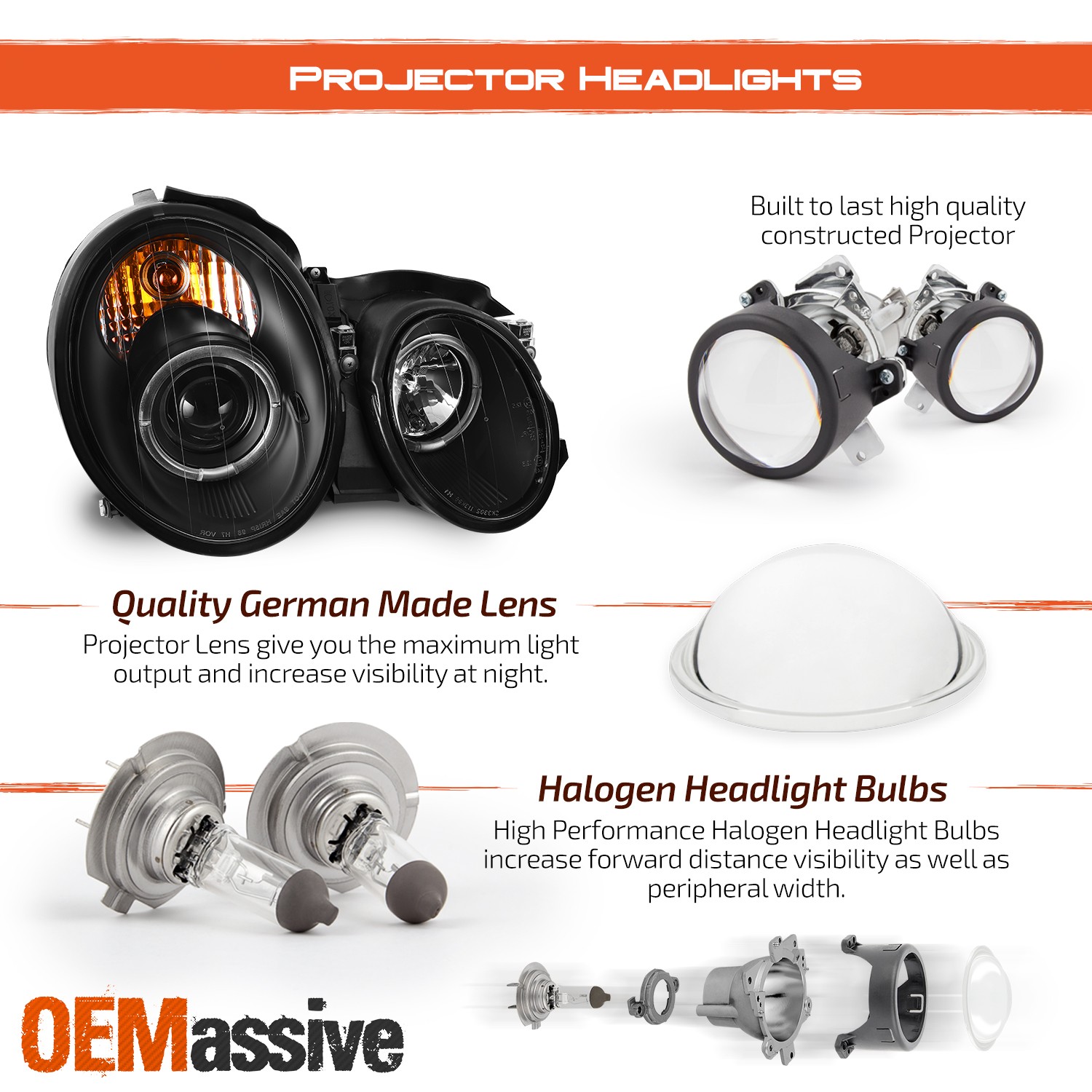 Fits 98-02 Mercedes Benz W208 CLK-Class JDM Black Dual Halo Projector Headlights