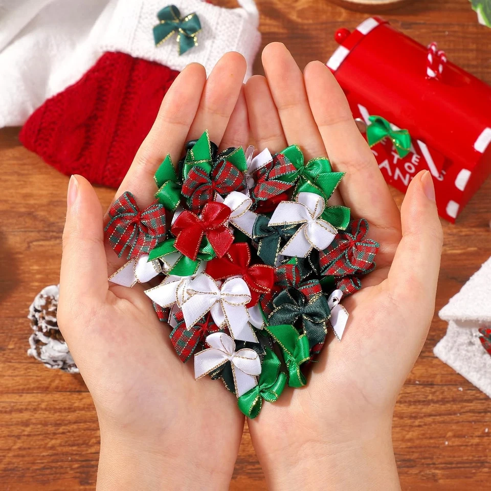 200 Piezas 1" Navidad Mini Cinta de Satén Arcos Pequeño Borde Dorado Tela Escocesa Foto 3 de 4