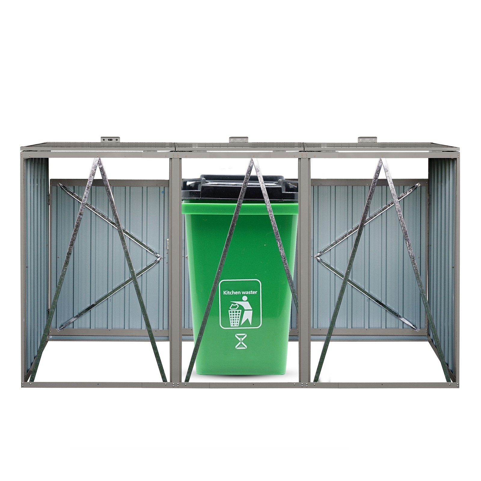 Outdoor Garbage Storage Bin Shed Stores 3 Trash Cans Metal Bin Shed for Yard