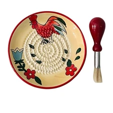 Hand-Painted Spanish Garlic Grater Plate Floral Chicken Red Yellow W/ Brush