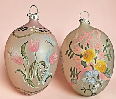 2 Dept 56 Easter Egg Glass Ornaments HP Blooms & Flowers
