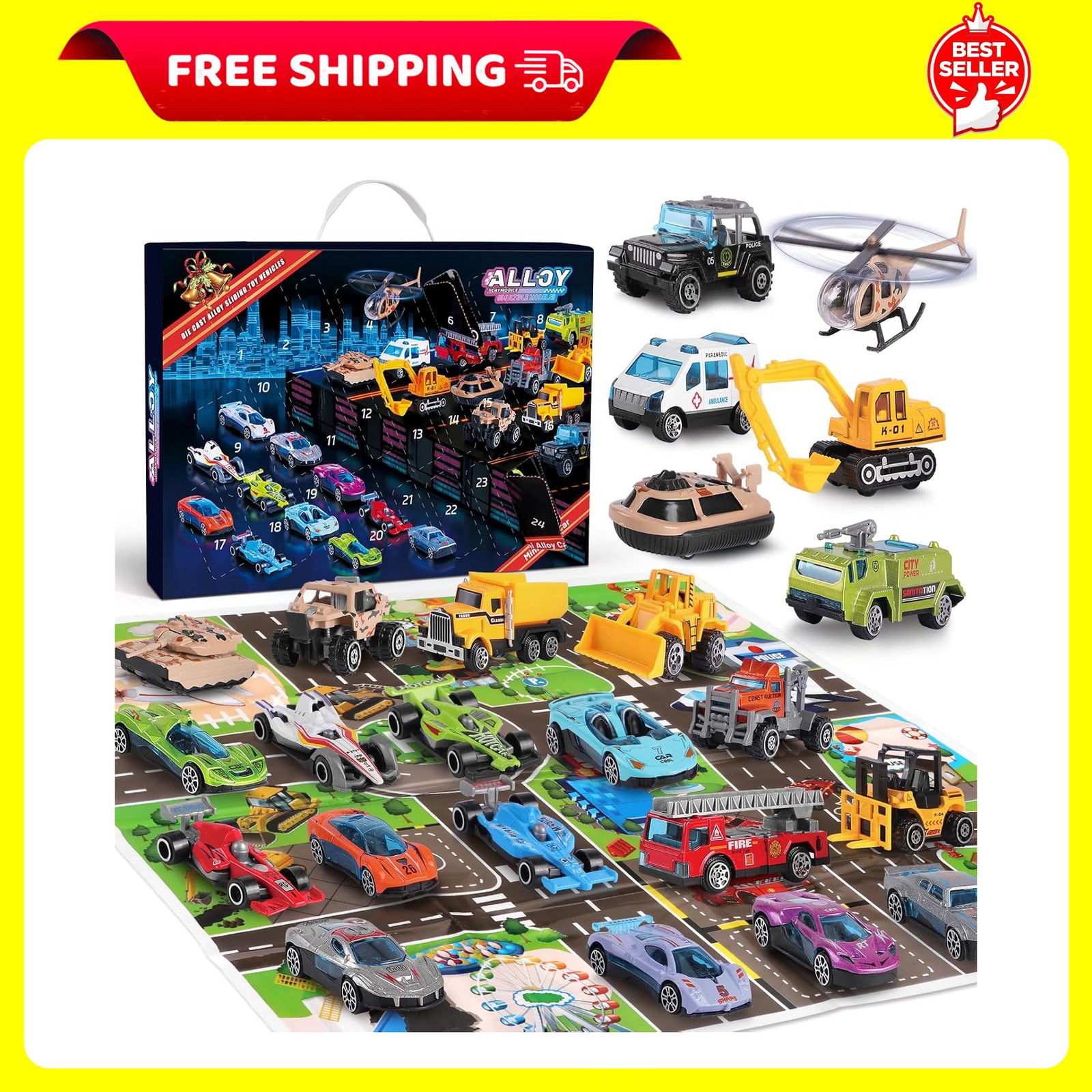 24 PCS Play Vehicles Advent Calendar, 24 Days of Surprises Toys Box, Christmas C