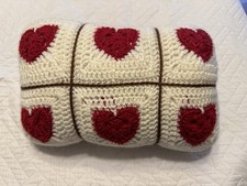 Hand Made Crochet Pillow Rectangular With Hearts Red White Brown 9 x13