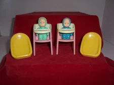 Little Tikes dollhouse twins babies pink high chairs & yellow car seats 6 pc VGC