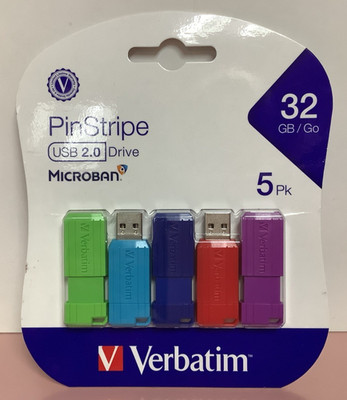 5/pack Verbatim PinStripe Retractable USB 2.0 Drive 32GB Assorted Colors