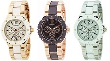 NEW DESIGNER'S GENEVA GOLD,WHITE & ROSE GOLD,BLACK METAL+ACRYLIC ROUND WATCH